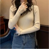 レース付きリブニット トップス 通販 ニット 長袖 リブニット セーター レース付き レディース クルーネック ハイネック 重ね着 大人可愛い フェミニン 韓国風 可愛い きれいめ 上品 かわいい おしゃれ