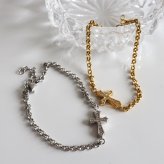 ステンレス きらきら 可愛い クロスブレスレット チェーンブレスレット お洒落 華奢 細身 ゴールド 18KGP シルバー ロールチェーン 十字架 ストーン シンプル ワンポイント レディース 女性 金属アレルギー対応