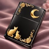 ZIPPO ライター ネコ ブラック ゴールド ジッポ 猫 可愛い 黒金 月 薔薇 女性 レディース ねこ かわいい おしゃれ バラ ギフト プレゼント