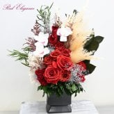 1点限定　アート作品　大輪ローズ×シンビジューム Red Elegance（レッド・エレガンス）のプリザーブドフラワー アレンジメント 送料無料 　誕生日や記念日ギフト,贈答品