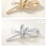 フルパヴェ リボン ブローチ 淡水パール付 ゴールド シルバー 上品 オフィス お呼ばれ プレゼント ギフト 専用ケース付