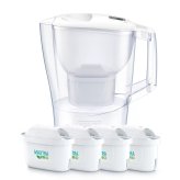 ブリタ ポット型 浄水器 アルーナ 容量2.4L カートリッジ4個付き ろ過水容量1.25L  液晶メモ (交換目安:1日5.3L で4週間 ) 型番:KBALCW4M  サイズ(mm) : 奥行100 横幅249 高さ260mm 実用的