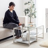 センターテーブル 幅80cm ガラス天板 ローテーブル リビングテーブル ノーイ 大理石調 ストーン柄 棚付き 収納 強化ガラス アイアン脚 モダン おしゃれ 北欧 一人暮らし ワンルーム ホワイト グレー 省スペース ローデスク 来客用 新生活 カフェ