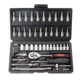 ソケットレンチセット 46pcs ラチェットレンチ 工具セット 1/4 (6.3mm) バイク 自転車 車 整備 自動車 修理 メンテナンス 六角 ソケット トルクス ビット スライドT型ハンドル エクステンションバー 携帯 車載工具