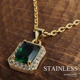 ステンレス グリーンストーンネックレス ペンダントネックレス メンズネックレス ゴールド あずきチェーン 細身 小ぶり 小さめ キラキラ ラグジュアリー 高級感 男性 金属アレルギー対応