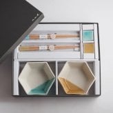 【黄彩+青磁】中鉢2枚+箸置き2個+箸2膳セット / true colors line / ギフトボックス＆熨斗付き / 瀬戸焼【送料無料（北海道・沖縄を除く）】