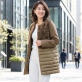 カルガンラム ダウン コンビネーション ノーカラーコート/レディース ダウンコート ファー付き カシミヤコート 冬 異素材 ノーカラーコート ミディアム 30代 40代 50代 ギフト プレゼント 7F (01000713r)