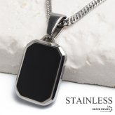 ステンレス ブラック ストーンネックレス ペンダントネックレス 小ぶり シンプル ダブル喜平チェーン 細身 シルバー メタル 小さい プレート 四角 長方形 幾何学 メンズ 男性 金属アレルギー対応