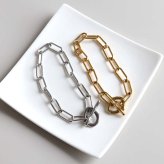 ステンレス マンテルブレスレット 2カラー チェーンブレスレット Hクリップ レディース ペーパークリップチェーン 変形マンテル オーバルリンク シルバー ゴールド 個性的 大ぶり モード きれいめ おしゃれ 腕輪 女性用