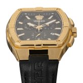 ヴェルサーチェ 腕時計 メンズ ゴールド ブラック クロノグラフ 44mm VERSACE SPORTY TONNEAU GRECA スポーティ トノー グレカ 黒 レザー 革ベルト スイス製 高級 ブランド おしゃれ プレゼント ギフト 卒業 入学 お祝い