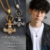 ステンレス フレアネックレス パヴェ 2カラー ダブル喜平 メンズ ペンダント 百合の紋章 ストーン ゴールド シルバー 首飾り アクセサリー 男性用 ユリモチーフ 存在感 重厚 華やか クラシカル チェーン 胸元 個性的 男性