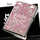 ZIPPO ライター スカル 細密メタル 両面加工 シルバー＆ピンク ジッポ ロゴ ドクロ 裏面柄違い 彫刻 ガイコツ おしゃれ かっこいい メンズ プレゼント ギフト