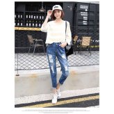  ダメージ デニム ジーンズ クラッシュ 9分丈 ロールアップ シンプル カジュアル ボーイッシュ 韓国 韓流 春 夏 ブルー ネイビー レディース bottoms0013