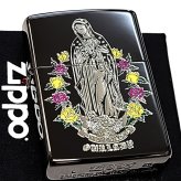 ZIPPO マリア＆ローズ ブラックニッケル パープル イエロー ジッポ ライター 黒 エッチング彫刻 薔薇 おしゃれ Ave Maria 紫 黄 ギフト プレゼント メンズ レディース