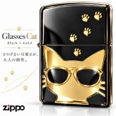 ZIPPO 猫 ライター サングラス 可愛い ジッポ ネコ ユニーク 足跡 ブラックニッケル キャット メタル貼り かわいい ねこ 金差し ゴールド レディース ギフト メンズ 女性 プレゼント