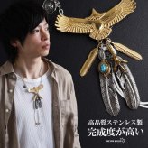 ステンレス ゴールド 特大イーグルネックレス フェザーネックレス インディアンジュエリー ペンダントネックレス メンズネックレス 18KGP 太角 あずきチェーン 太陽メタル 細身 羽根 精巧 立体的 かっこいい 男性 金属アレルギー対応