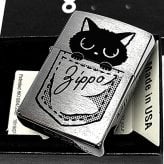ZIPPO ライター ポケにゃん子 ネコ ジッポ かわいい シルバーサテン おしゃれ 黒猫 ギフト レディース プレゼント 女性