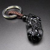 ヒキュウ天然石オブシディアンフロスト加工キーホルダー中大型まよけ