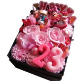 23周年 お祝い 記念日 ミッキー ミニー 花束風 ご希望数字入りプレゼント 箱を開けてサプライズ ボックス ピンクバラ プリザーブドフラワー入り