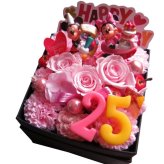 記念日 お祝い 10周年 ミッキー ミニー 花束風ボックスフラワー ご希望数字入りプレゼント 箱を開けてサプライズ ピンクバラ プリザーブドフラワー入り
