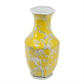 シノワズリ 花びん 六角 高さ36cm イエロー 磁器 フラワーベース 花瓶 花器 ディスプレイ 置物 風水 開運