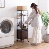 ラック ランドリー バスケット付き 伸縮 ランドリー収納 おしゃれ 北欧 棚 洗濯機 収納 洗濯 シンプル モノトーン 西海岸 洗面所 脱衣所 洗濯かご スリム 32センチ 新生活