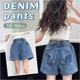 デニムショートパンツスカート 通販 パンツ ショートパンツ 短パン 子供服 こども服 子ども服 子供 女の子 ボトムス リボン 小学生 キッズ ポケット付き 通学 ジュニア お出かけ 外出 カジュアル 普段着 シンプル 可愛い かわいい カワイイ おしゃれ