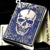 ZIPPO スカル 細密メタル シルバー＆ブルー ジッポ ライター 両面加工 彫刻 かっこいい ドクロ 裏面柄違い ガイコツ おしゃれ 青 メンズ プレゼント ギフト