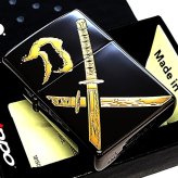 ZIPPO 和柄 刀 ブラック＆ゴールド ジッポ ライター かっこいい 彫刻 日本 金差し 和風 漢字 おしゃれ 黒金 メンズ ギフト プレゼント
