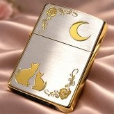 ZIPPO ライター ネコ シルバー ジッポ 猫 可愛い ゴールド 月 薔薇 銀金 女性 ねこ かわいい バラ ギフト プレゼント おしゃれ レディース