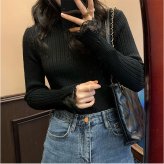 レース付きリブニット トップス 通販 ニット 長袖 リブニット セーター レース付き レディース クルーネック ハイネック 重ね着 大人可愛い フェミニン 韓国風 可愛い きれいめ 上品 かわいい おしゃれ