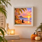 ハロウィン アートポスター 絵画 インテリア 黒猫 猫 ハワイ 夕焼け 海 おしゃれ かわいい 秋の飾り 玄関 リビング 壁掛け 天然木フレーム 選べる 額入り 猫好き 誕生日 プレゼント