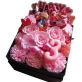 3周年 お祝い 記念日 ミッキー ミニー 花束風 ご希望数字入りプレゼント 箱を開けてサプライズ ボックス ピンクバラ プリザーブドフラワー入り