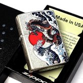 ZIPPO 和柄 波龍 ジッポ ライター アンティークシルバー バレル仕上げ かっこいい ドラゴン 和風 竜 お守り 銀 おしゃれ 渋い メンズ ギフト プレゼント