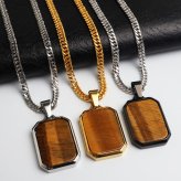 ステンレス タイガーアイ ペンダントネックレス ストーンネックレス 小ぶり シンプル ダブル喜平チェーン 細身 ゴールド 18KGP シルバー ブラック メタル 小さい プレート 四角 長方形 幾何学 メンズ 男性 金属アレルギー対応