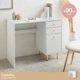 デスク チェア PC パソコン 勉強机 机 つくえ テーブル ドレッサー Camilla カミラ 大理石柄 収納 引き出し コンパクト スリム コンセント穴 省スペース 小さめ 大理石調 コード収納 コード穴 コードスリット 金脚 新生活