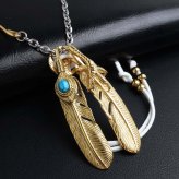 ステンレス ゴールド フェザーネックレス インディアンジュエリー ペンダントネックレス メンズネックレス 18KGP 太角 あずきチェーン 細身 羽根 イーグル 精巧 立体的 かっこいい 男性 金属アレルギー対応
