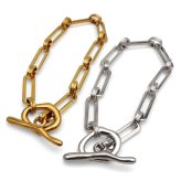 ステンレス マンテルブレスレット 変形デザイン 2カラー レディース チェーンブレスレット オーバルチェーン 曲線 バー 留め具 大ぶり 太め 個性的 存在感 モード カジュアル きれいめ 腕輪 シルバーカラー ゴールドカラー