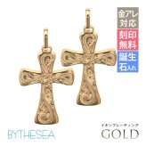 金属アレルギー対応 ペアペンダントトップ ハワイアンジュエリー 純チタン ゴールドカラー ペアペンダントトップ 刻印無料 誕生石 クロス チェーン別売り イオンプレーティング カップル プレゼント ハロウィン 【品番：TIP405-RYP】