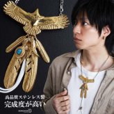 ステンレス ゴールド 特大イーグルネックレス フェザーネックレス インディアンジュエリー ペンダントネックレス メンズネックレス 18KGP 太角 あずきチェーン 細身 羽根 精巧 立体的 かっこいい 男性 金属アレルギー対応