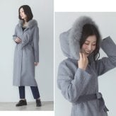カシミヤ ブレンド ウール ロング コート ダブルフェイス フォックス ファー付き 110cm 比翼 一枚仕立て アウター フード付き ネイビー/ライトグレー/ブラック/9号/11号/13号 Filomo (02000227r)