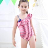 キッズ 水着 女の子 ワンピース ストライプ フリル カラー: レッド／ブルー 身長: 100cm／110cm 子供用 こども ジュニア 女児 かわいい おしゃれ 保育園 幼稚園 小学生 海 プール 水遊び 夏休み レジャー スイムウェア 夏 初夏の準備