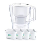 ブリタ ポット型 浄水器 アルーナ 容量2.4L カートリッジ4個付き ろ過水容量1.25L  液晶メモ (交換目安:1日5.3L で4週間 ) 型番:KBALCW4M  サイズ(mm) : 奥行100 横幅249 高さ260mm 実用的