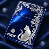 ZIPPO ライター ねこ キャット ジッポ 猫 クローバー 青 ロゴ 四つ葉 かわいい おしゃれ ジッポー ブルー 銀差し ネコ 可愛い 女性 レディース メンズ ギフト プレゼント
