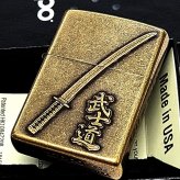ZIPPO ライター 武士道 真鍮バレル ジッポ 刀 メタルエンブレム 和柄 日本 ブラス おしゃれ アンティーク ゴールド かっこいい メンズ 渋い ギフト プレゼント