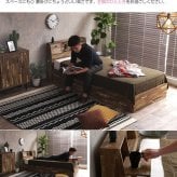 ベッド 寝具 セミダブル 収納 フレームのみ 木製寄木柄 引出し付 大容量 収納付き セミダブルサイズ 棚付き コンセント付き 照明 ライト付き ヴィンテージ風 モダン レトロ 北欧 西海岸 ブルックリン おしゃれ
