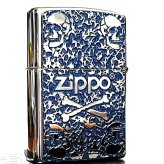 ZIPPO スカル 細密メタル シルバー＆ブルー ジッポ ライター 両面加工 彫刻 かっこいい ドクロ 裏面柄違い ガイコツ おしゃれ 青 メンズ プレゼント ギフト
