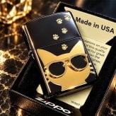 ZIPPO 猫 ライター サングラス 可愛い ジッポ ネコ ユニーク 足跡 ブラックニッケル キャット メタル貼り かわいい ねこ 金差し ゴールド レディース ギフト メンズ 女性 プレゼント