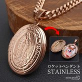 ステンレス ロケットネックレス HIPHOP 喜平チェーンネックレス ロケットペンダント マリアネックレス 写真 記念 思い出 50cm 60cm ピンク 6面カット 聖母 メンズ 男性 金属アレルギー対応