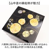 重箱 3段 小さめ 通販 日本製 山中塗り お重 おせち料理 六瓢箪ひょうたん 桜柄 五寸サイズ角重 黒塗り内朱仕上げ ２人前３人前用 お正月おせち用 運動会 お花見 行楽ピクニック おしゃれ和モダン 仕切りなし 三段 樹脂製 軽量 シール蓋付き ウレタン塗装
